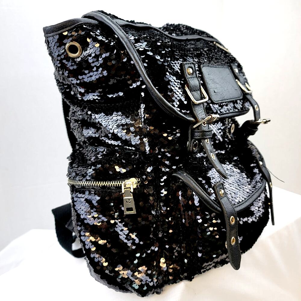 Black Sequined Leather Backpack Zippers Rivets Snaps Buckles Large Shiny Wow